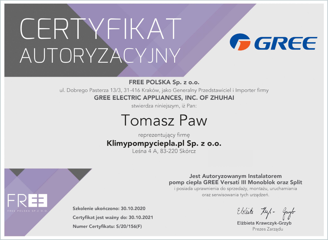 certyfikat autoryzacujny gree Versati Tomasz Paw