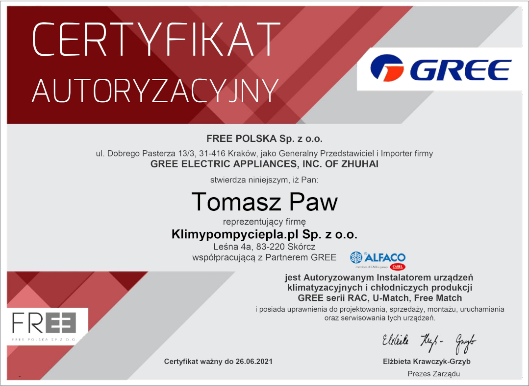certyfikat autoryzacujny gree Tomasz Paw