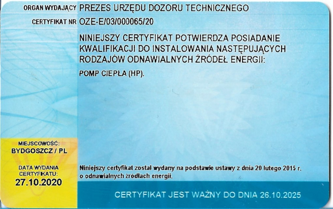 certyfikat oze - potwierdzający posiadanie kwalifikacji do instalowania pomp ciepła - Tomasz Paw