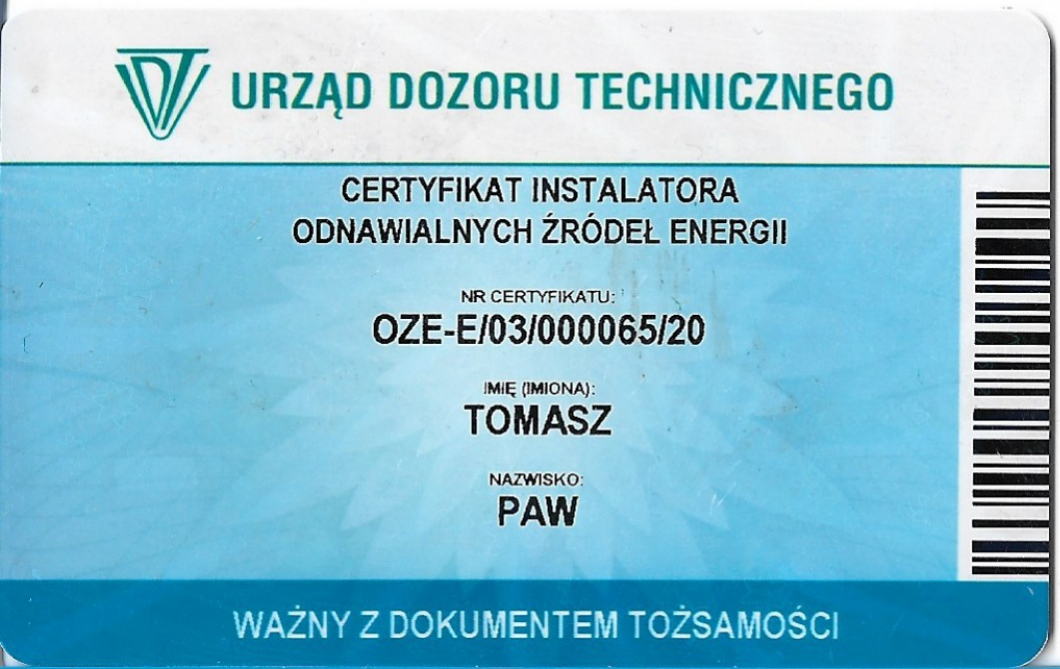 certyfikat odnawialnych źródeł energii Tomasz Paw