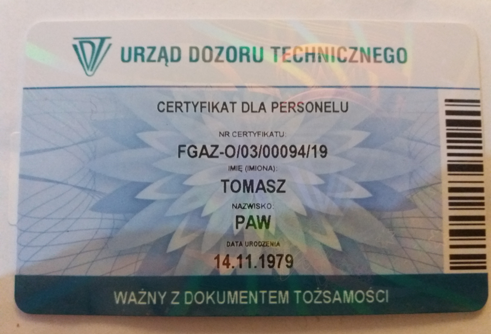 certyfikat f-gaz Tomasz Paw