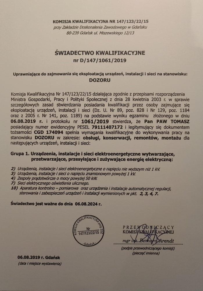 certyfikat dozoru technicznego Tomasz Paw