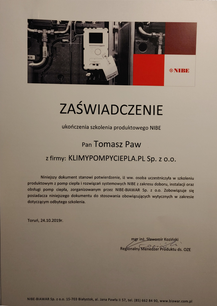 NIBE certyfikat Tomasz Paw